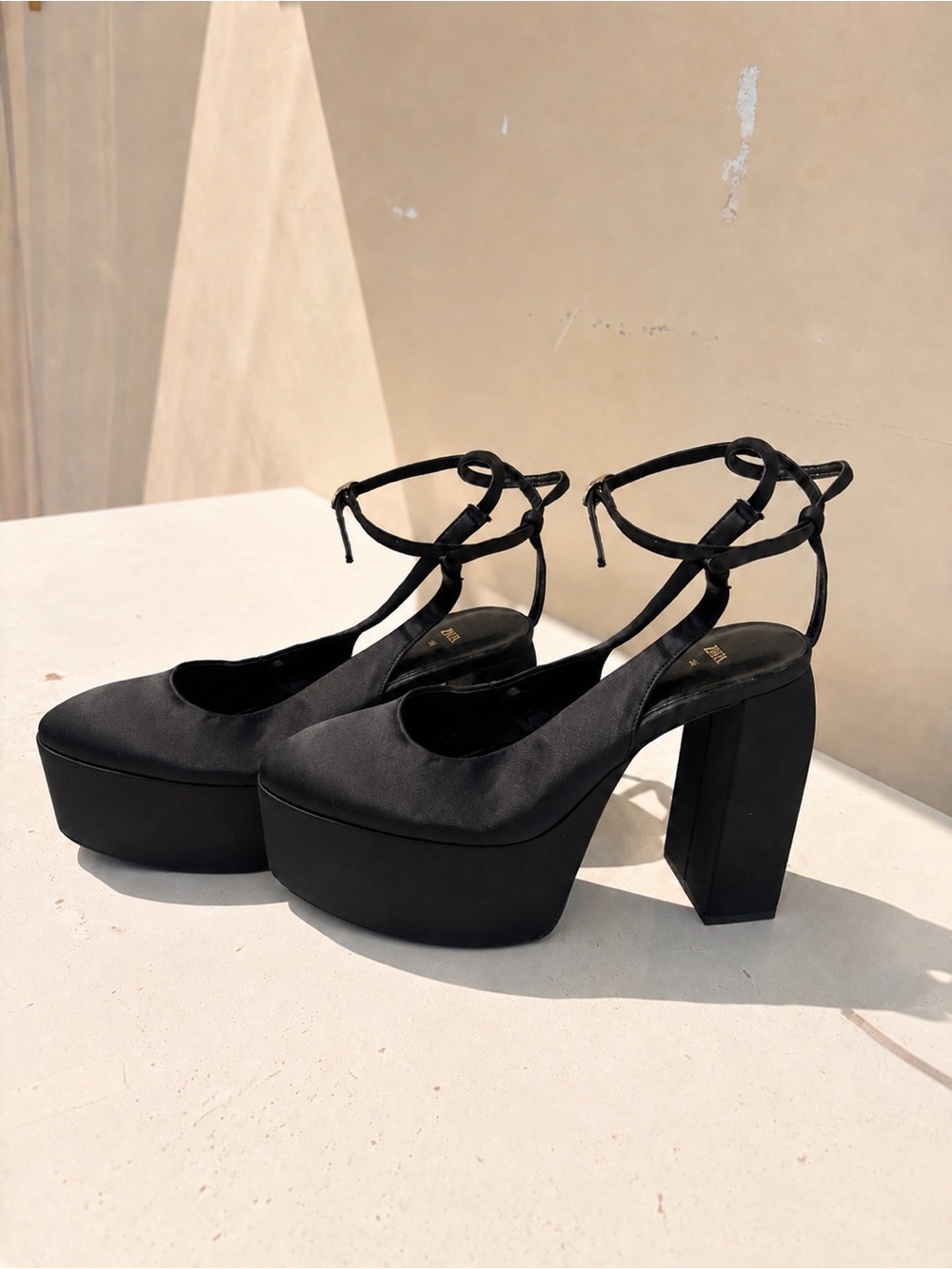 Zara Black Platform Heeled Slingback Shoes | US 7.5